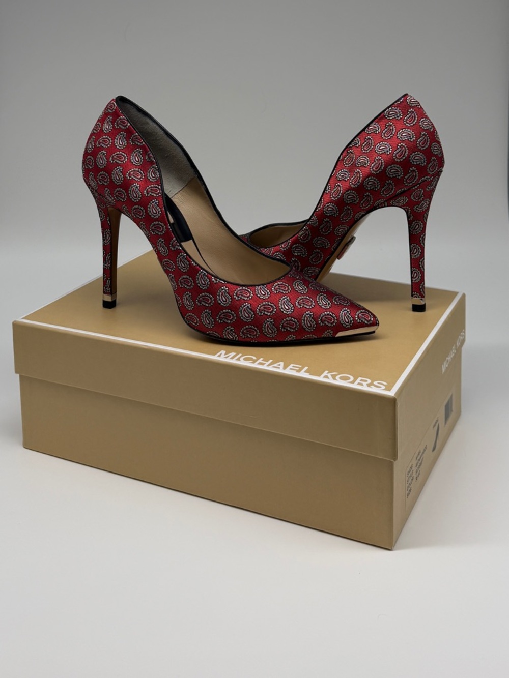 Michael Kors Scarlet Red Paisley Fabric Pointed-Toe Heels